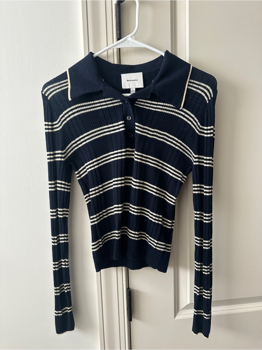 Reformation Navy & Cream Striped Ribbed Polo V-Neck Sweater